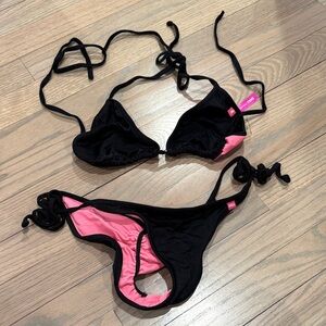 Black & Pink Triangle Bikini Set - Women Swim